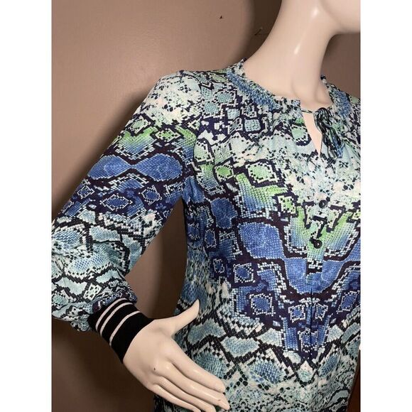 Hale Bob Snakeskin Print Blouse Women’s Small Long‎ Sleeve Popover Blue - Picture 4 of 10